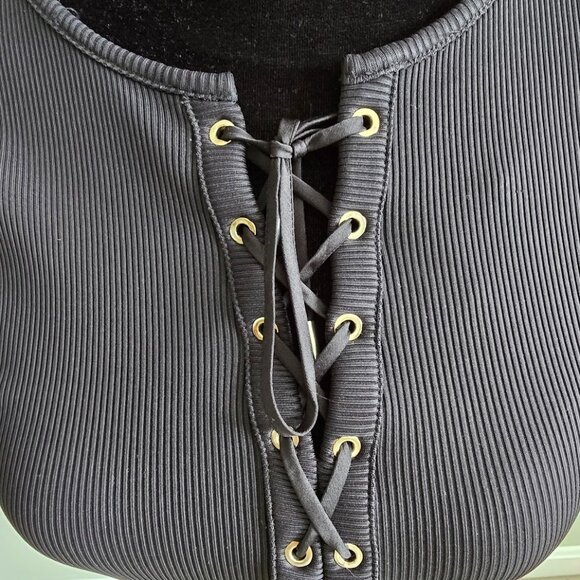 WHBM FORME Short Sleeve Lace Up Criss Cross Black Ribbed Top Size Medium NWT - Picture 5 of 12